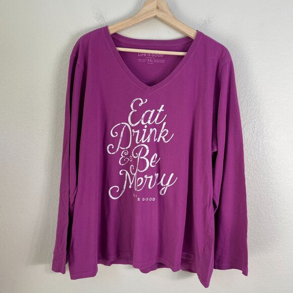 LIFE IS GOOD Womens Plus XXL Purple Crusher V Neck Eat Drink & Be Merry Shirt - Picture 1 of 9
